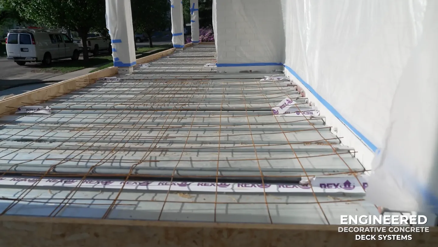 Reinforcing steel installed over metal decking before the concrete pour